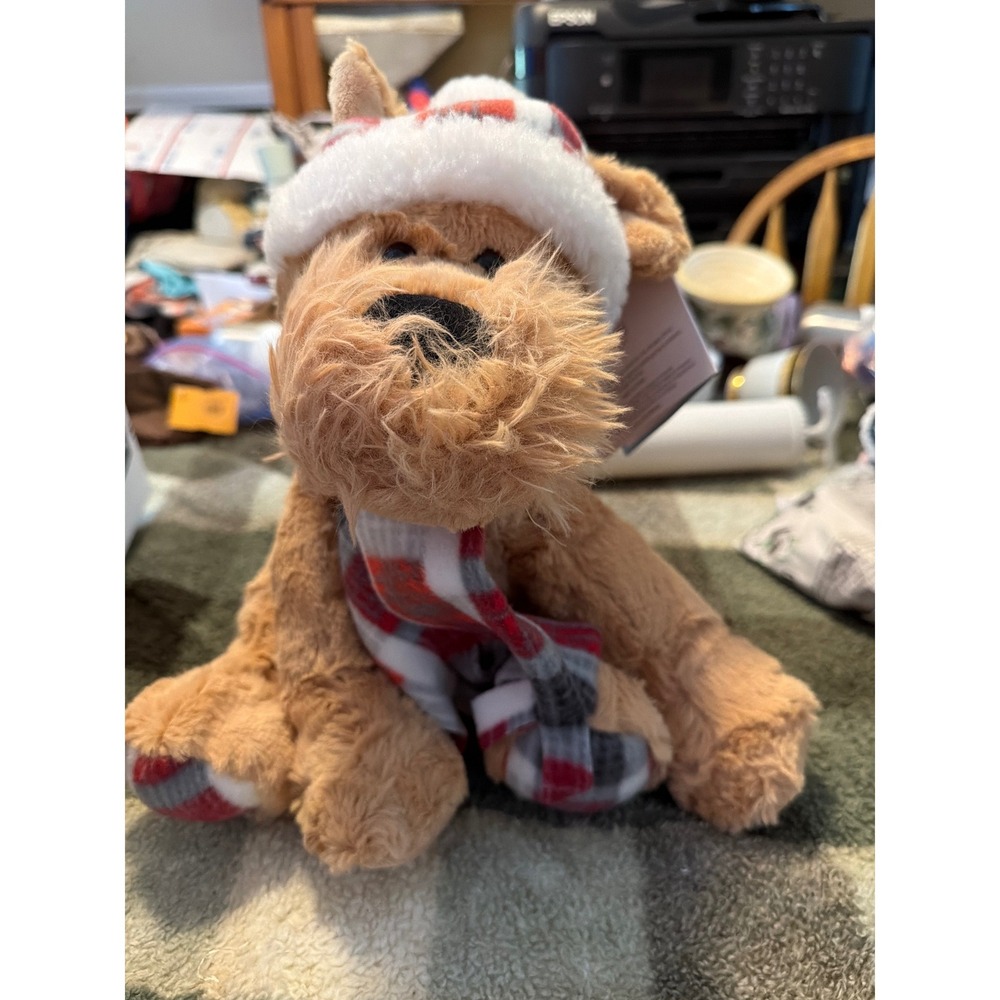 Gentle Treasures Christmas Plush Dog Scruffy Puppy Plaid Santa Hat Scarf 12in